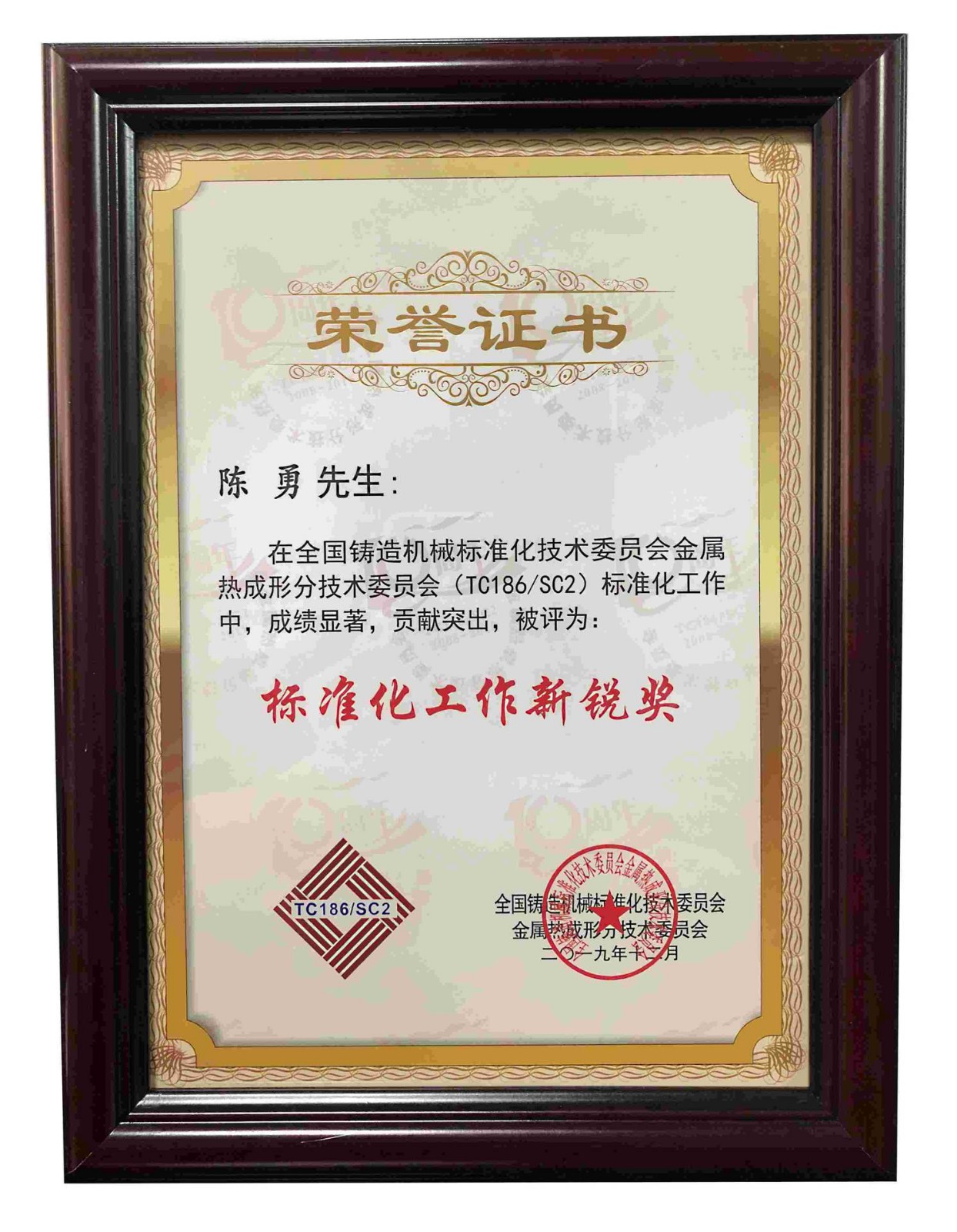 全國鑄造機械標準化技術(shù)委員會技術(shù)熱成形技術(shù)委員會頒發(fā)標準化工作新銳獎